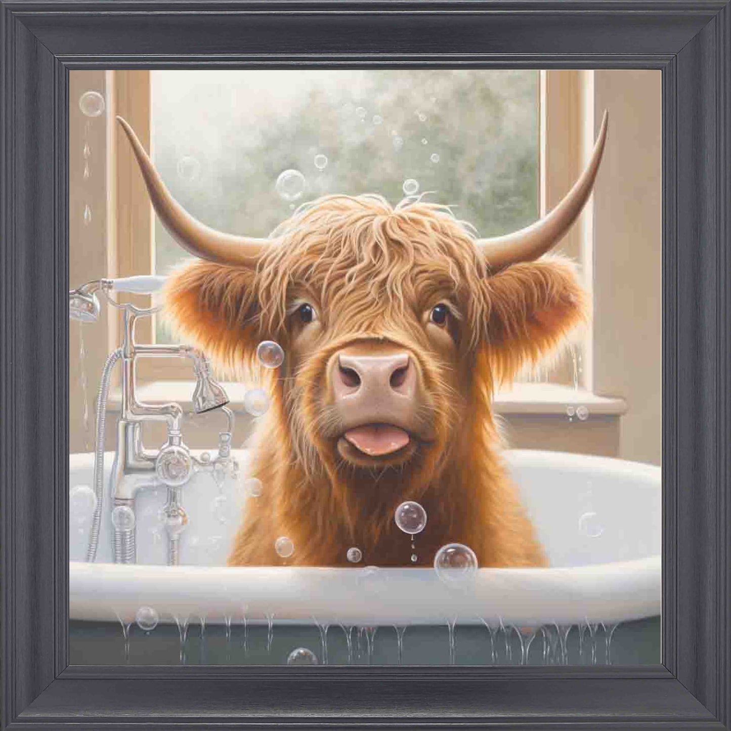 Highland Cow Bubble Bath Framed Wall Art - Black