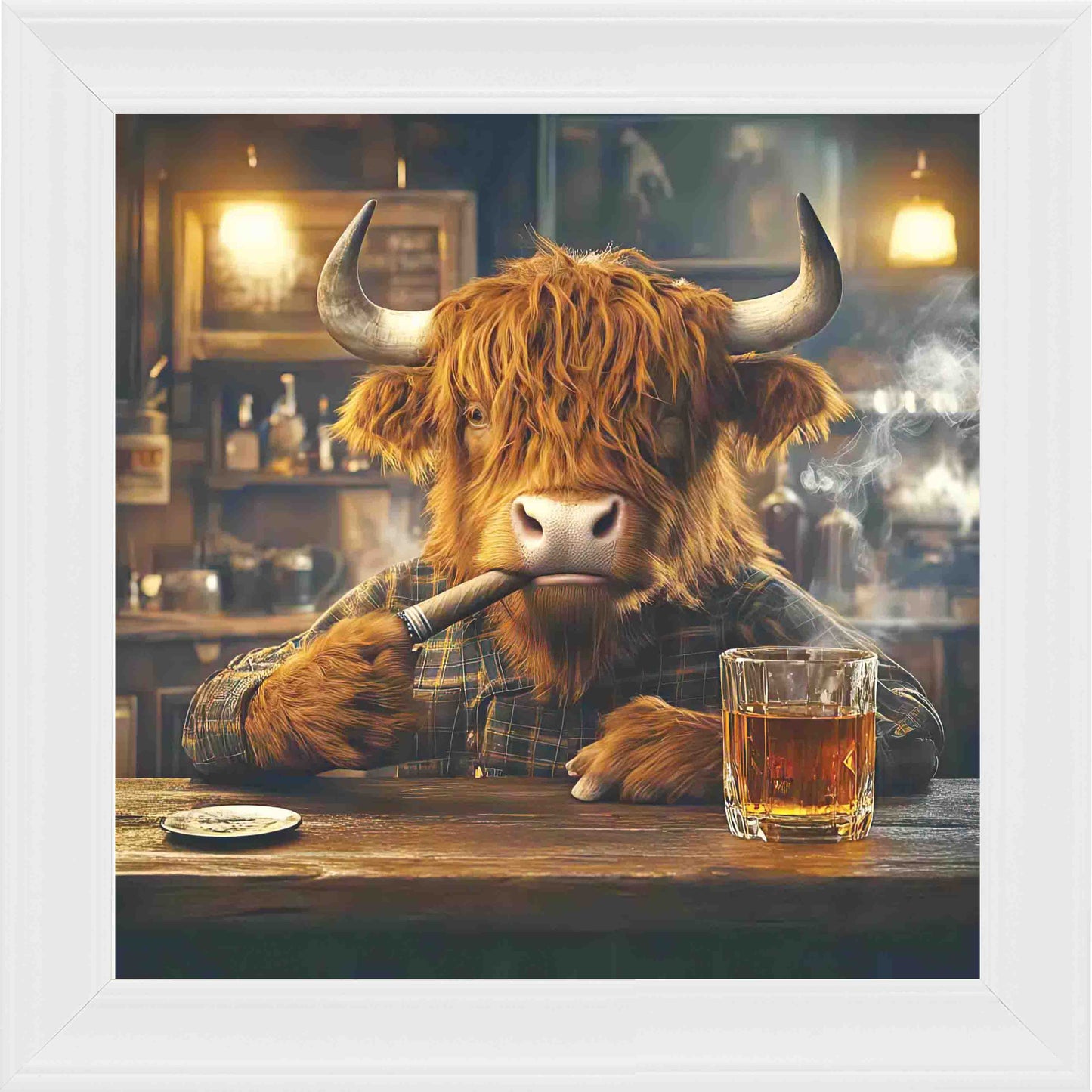 Highland Cow Cigar and Whisky Framed Wall Art - White