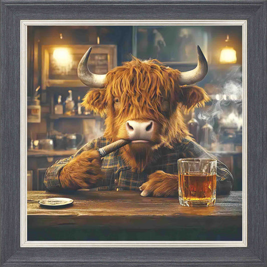 Highland Cow Cigar and Whisky Framed Wall Art - Grey with Silver Trim