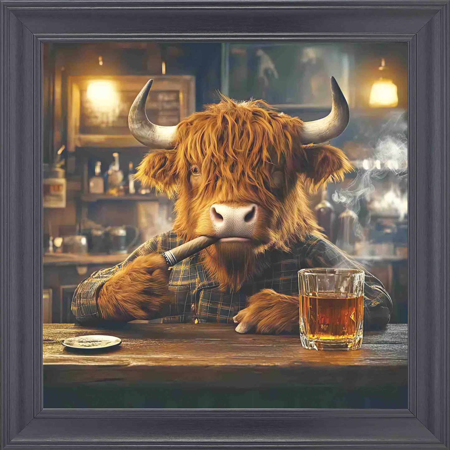 Highland Cow Cigar and Whisky Framed Wall Art - Black