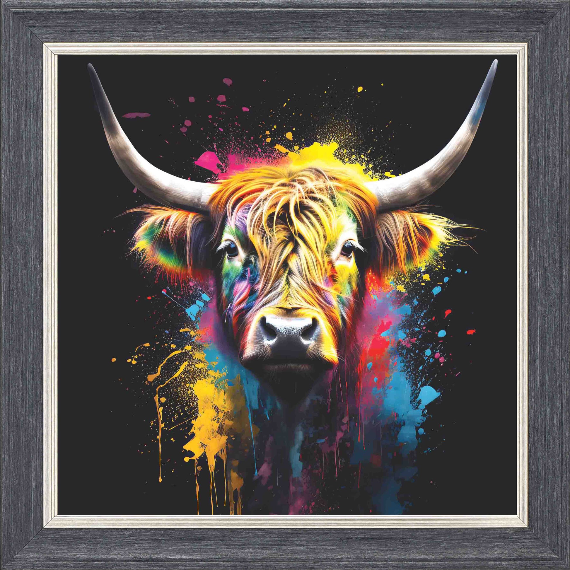 Highland Cow Kieran Colour Framed Wall Art - Grey with Silver Trim