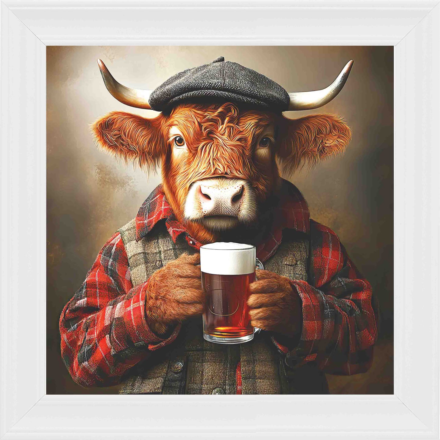 Highland Cow Real Ale Framed Wall Art - White