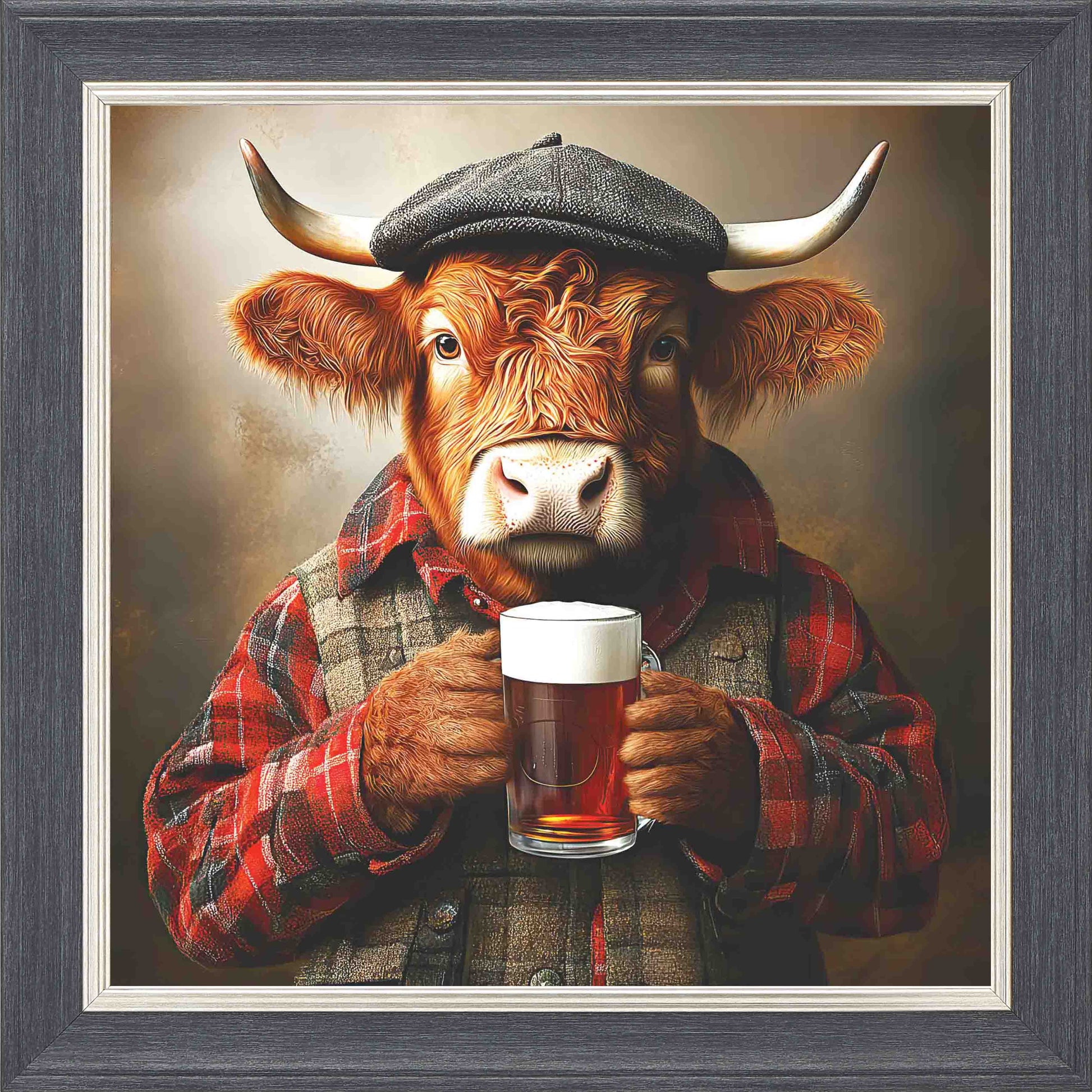 Highland Cow Real Ale Framed Wall Art - Grey with Silver Trim