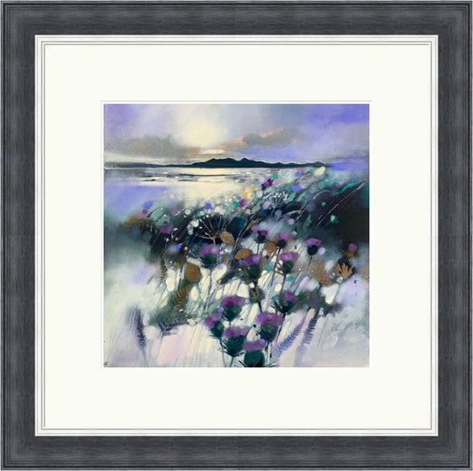 I'd Rather Be In Arran by Emma S. Davis framed wall art print showing an expressive Arran landscape with a relaxed coastal character and colourful floral detail