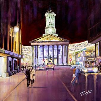 Friday Evening, Royal Exchange Square Glasgow by James Somerville Lindsay framed wall art print depicting an evening city scene in Royal Exchange Square in Glasgow