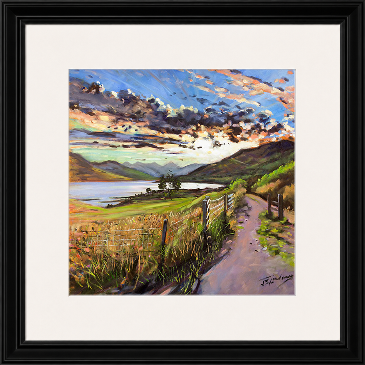 Last Light on the Road to Inversnaid by James Somerville Lindsay framed wall art print depicting a scenic rural road leading towards Inversnaid in the warm light of late day