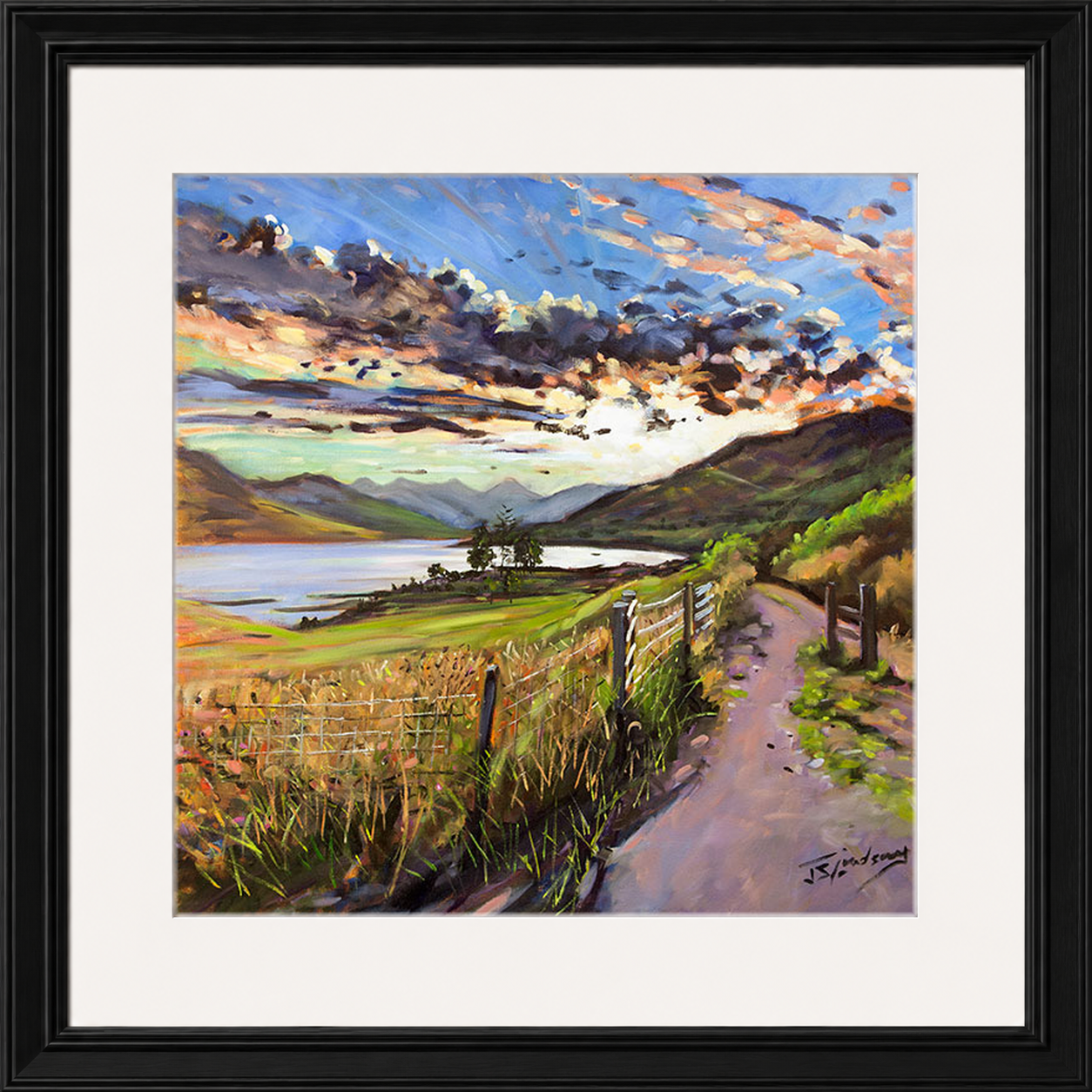 Last Light on the Road to Inversnaid by James Somerville Lindsay framed wall art print depicting a scenic rural road leading towards Inversnaid in the warm light of late day