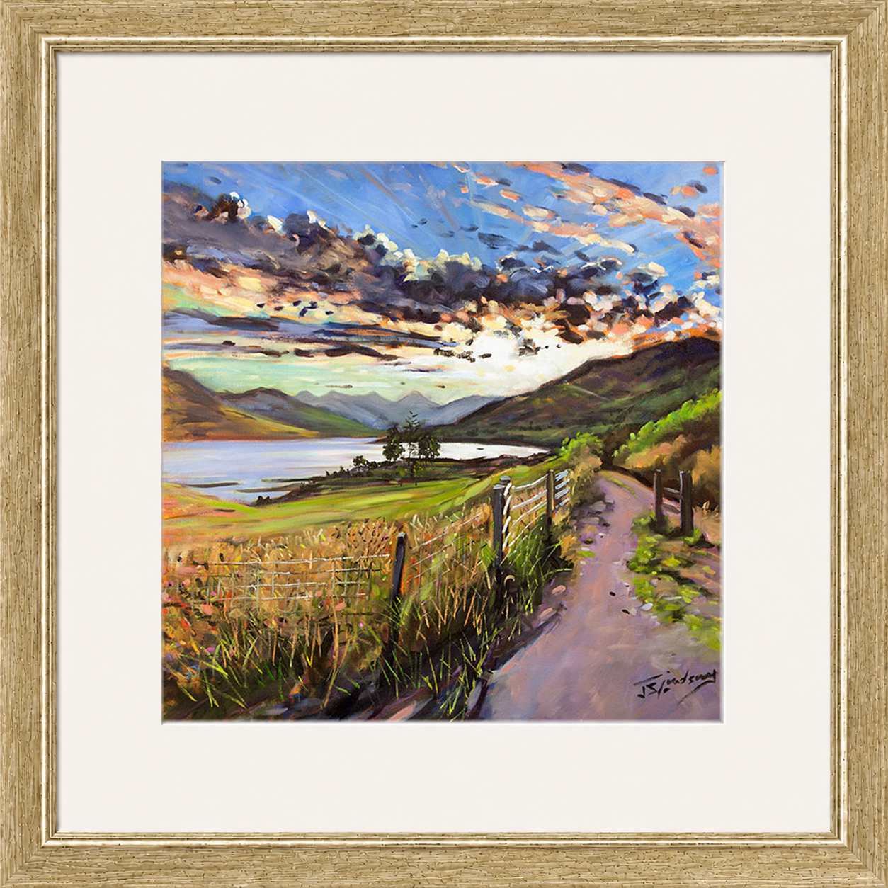 Last Light on the Road to Inversnaid by James Somerville Lindsay framed wall art print depicting a scenic rural road leading towards Inversnaid in the warm light of late day