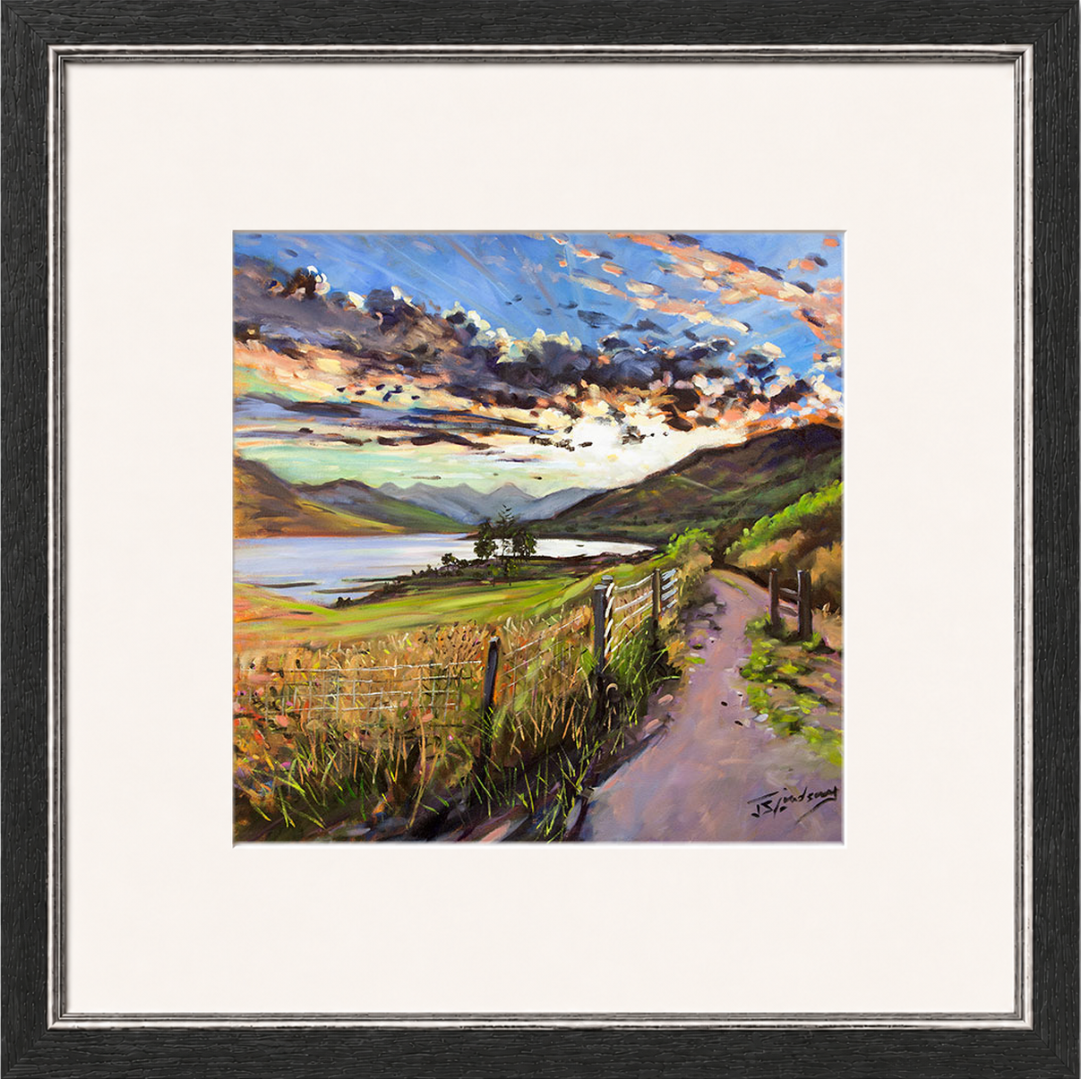 Last Light on the Road to Inversnaid by James Somerville Lindsay framed wall art print depicting a scenic rural road leading towards Inversnaid in the warm light of late day