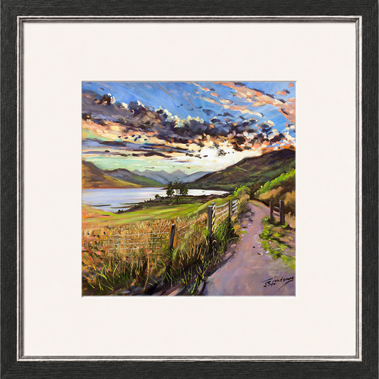Last Light on the Road to Inversnaid by James Somerville Lindsay framed wall art print depicting a scenic rural road leading towards Inversnaid in the warm light of late day