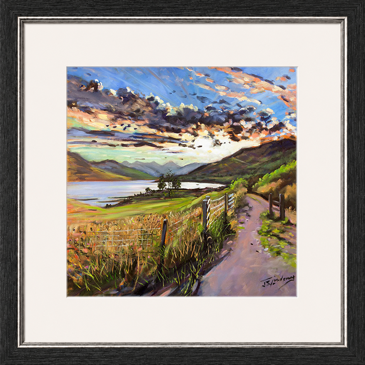 Last Light on the Road to Inversnaid by James Somerville Lindsay framed wall art print depicting a scenic rural road leading towards Inversnaid in the warm light of late day