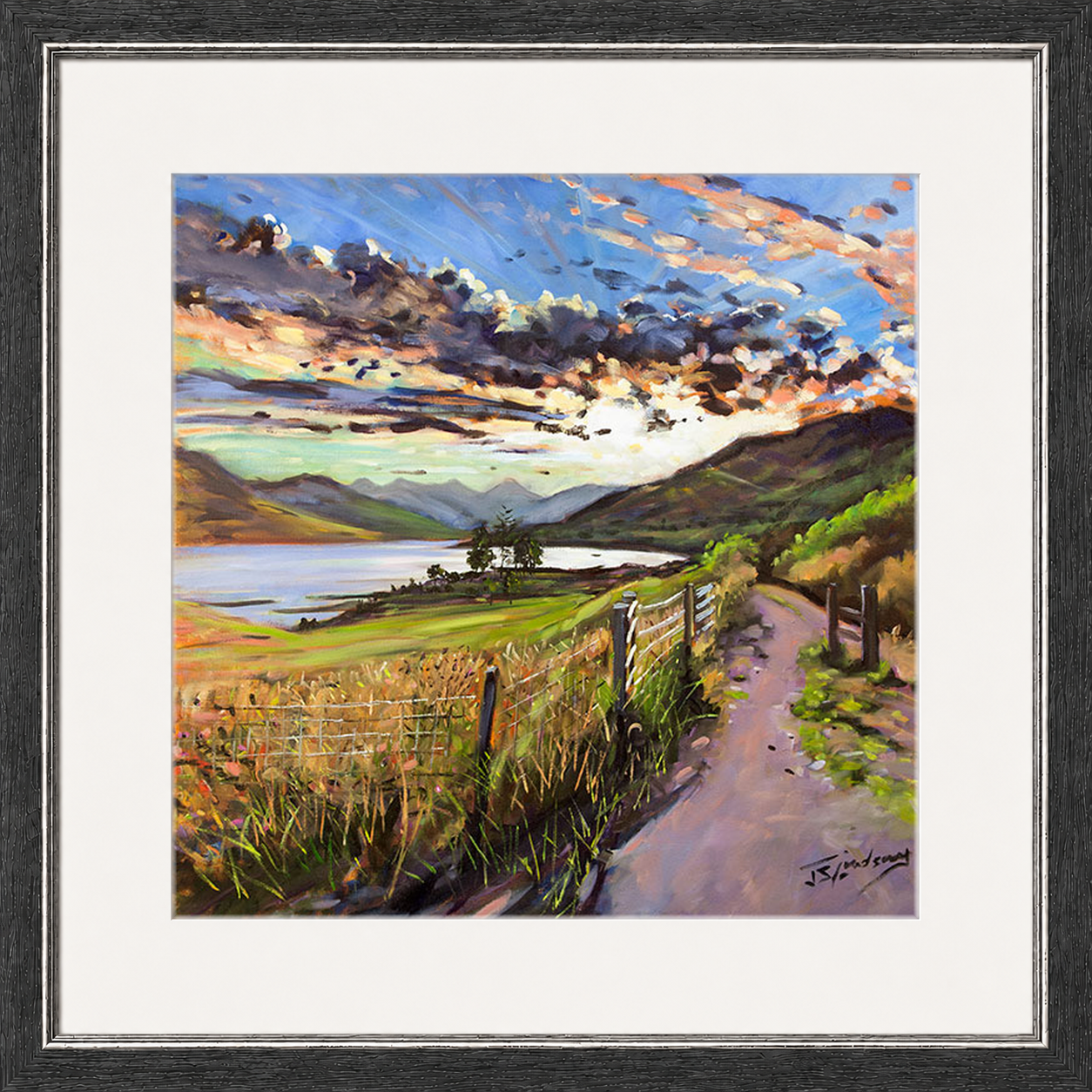 Last Light on the Road to Inversnaid by James Somerville Lindsay framed wall art print depicting a scenic rural road leading towards Inversnaid in the warm light of late day