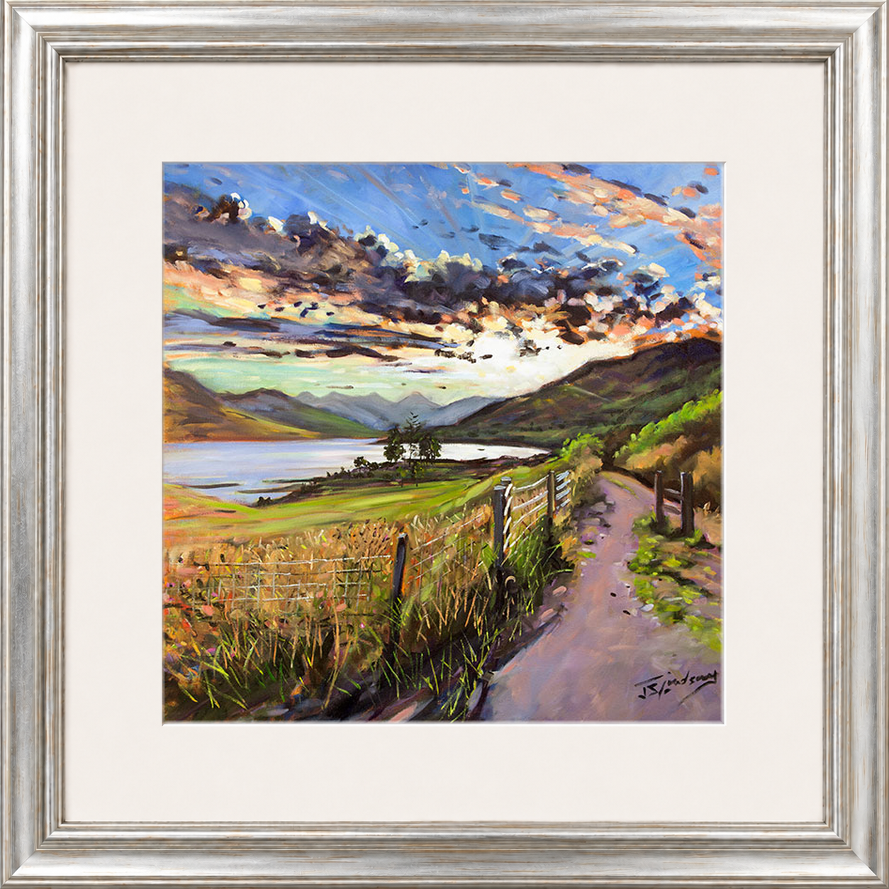 Last Light on the Road to Inversnaid by James Somerville Lindsay framed wall art print depicting a scenic rural road leading towards Inversnaid in the warm light of late day