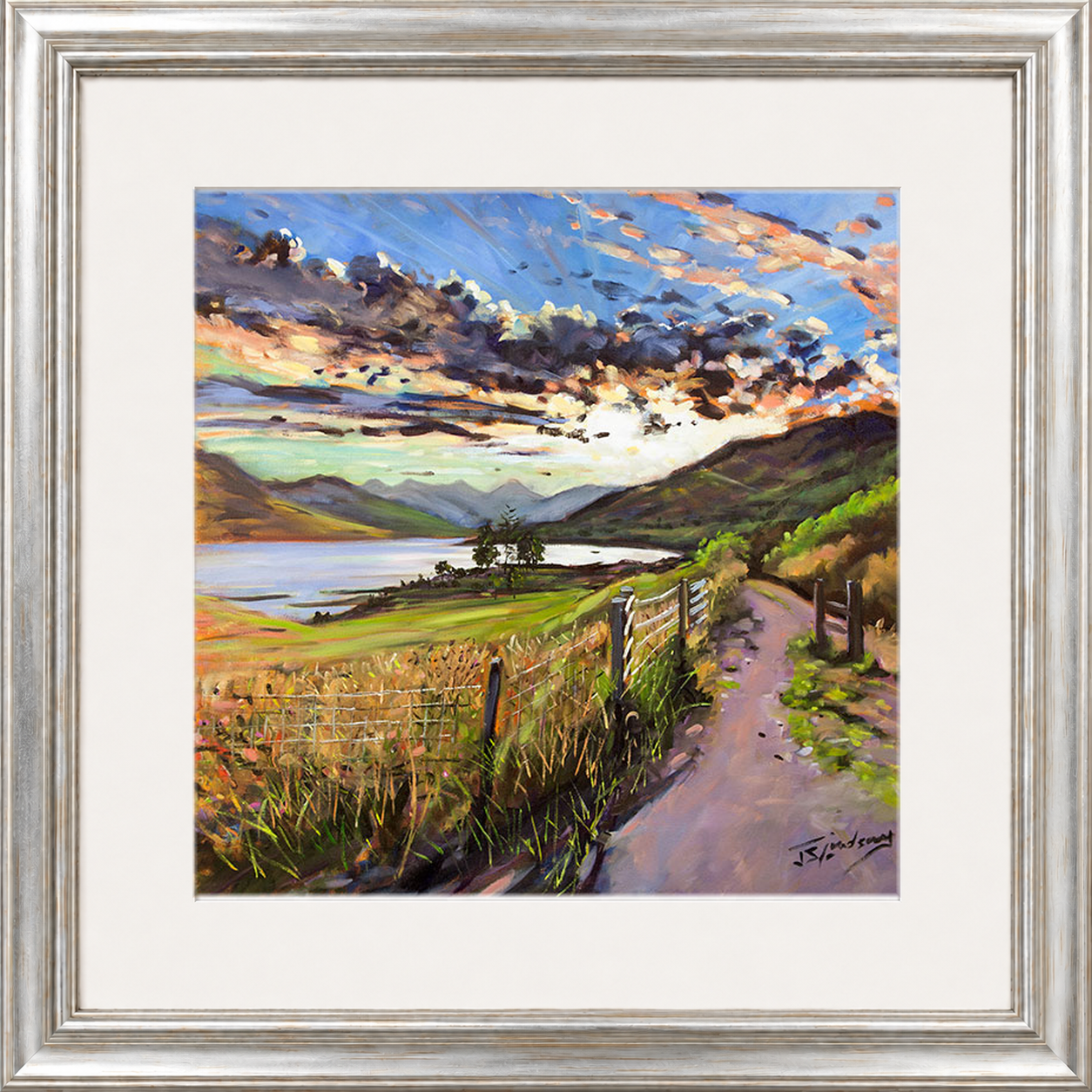 Last Light on the Road to Inversnaid by James Somerville Lindsay framed wall art print depicting a scenic rural road leading towards Inversnaid in the warm light of late day
