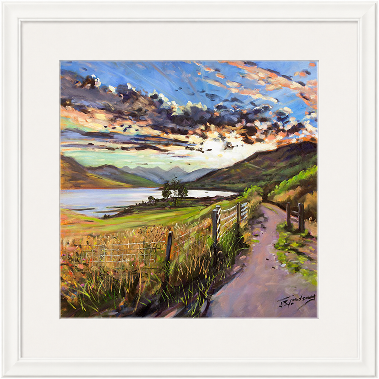 Last Light on the Road to Inversnaid by James Somerville Lindsay framed wall art print depicting a scenic rural road leading towards Inversnaid in the warm light of late day