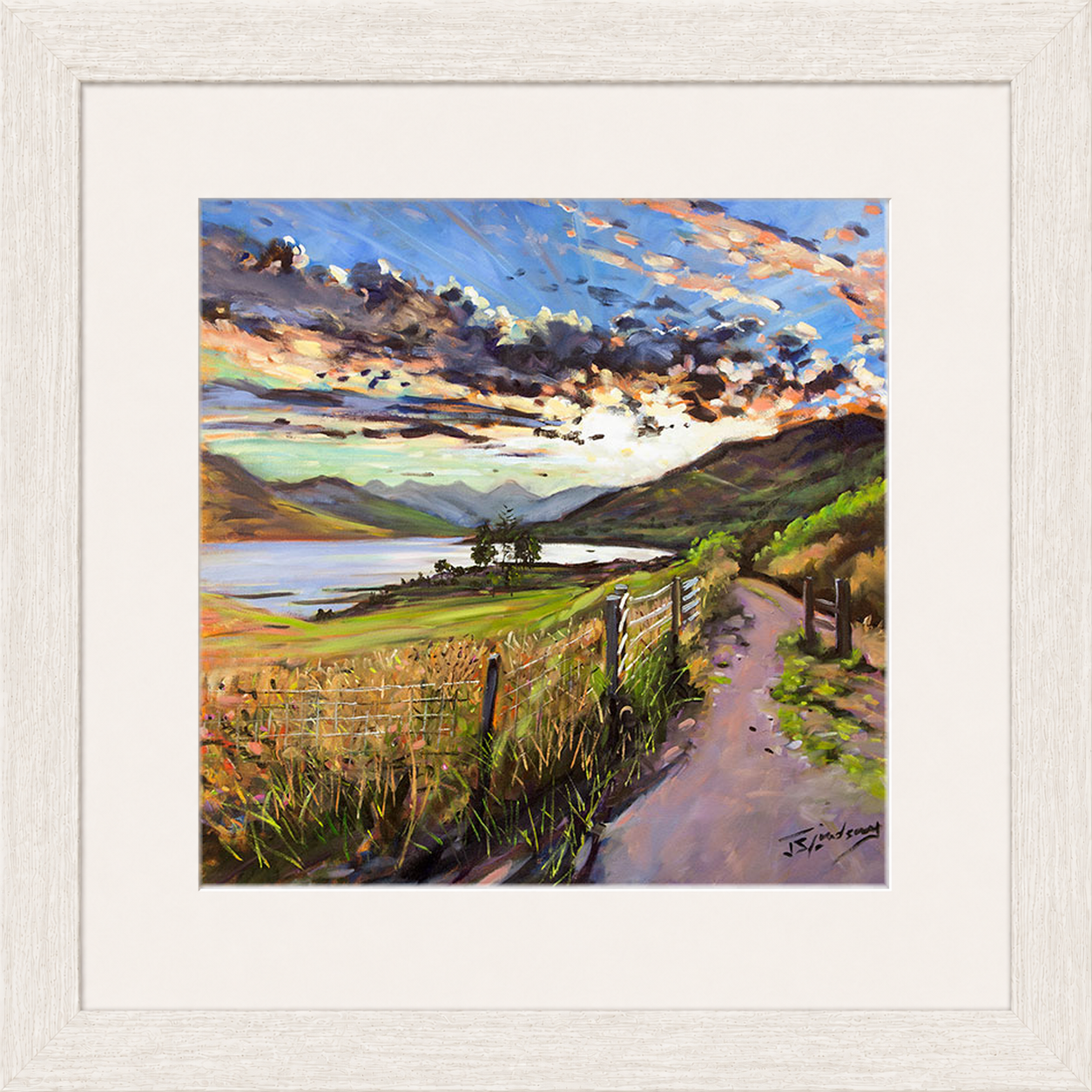 Last Light on the Road to Inversnaid by James Somerville Lindsay framed wall art print depicting a scenic rural road leading towards Inversnaid in the warm light of late day