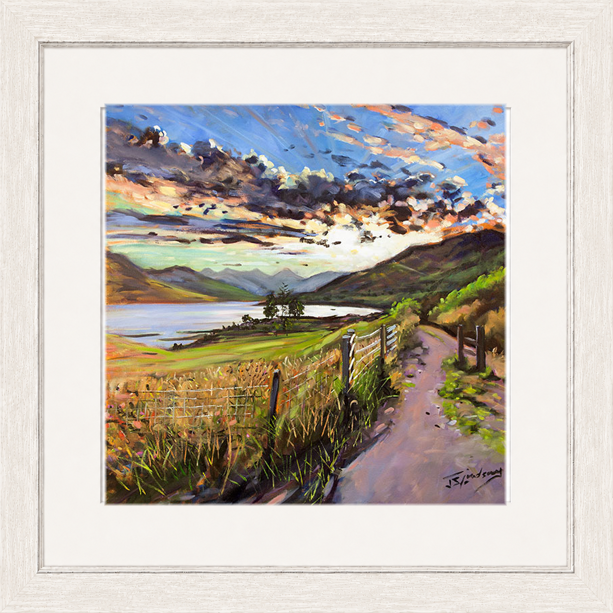 Last Light on the Road to Inversnaid by James Somerville Lindsay framed wall art print depicting a scenic rural road leading towards Inversnaid in the warm light of late day
