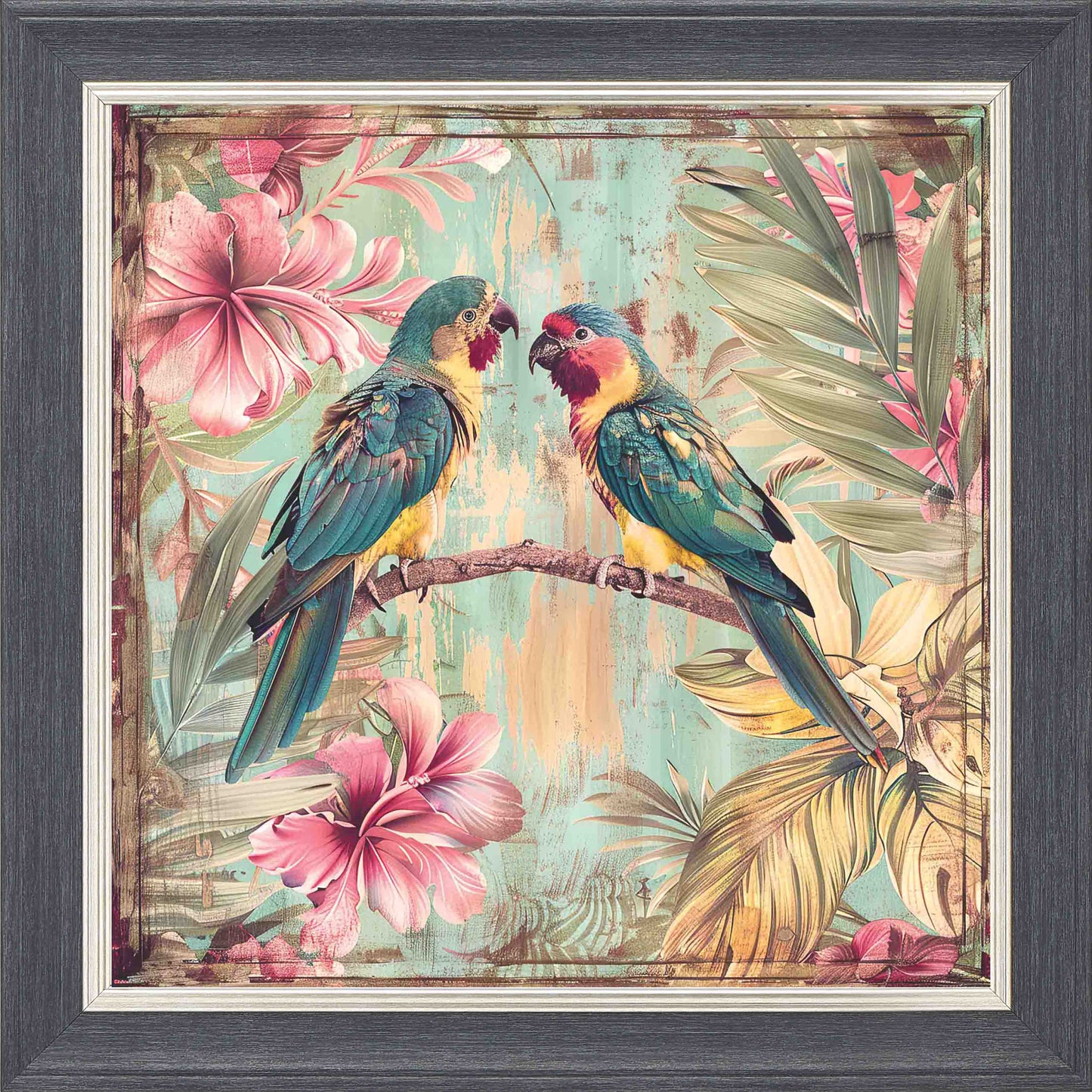 Love Birds On Wood Framed Wall Art - Grey with Silver Trim