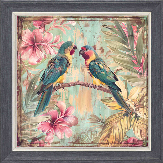Love Birds On Wood Framed Wall Art - Grey with Silver Trim