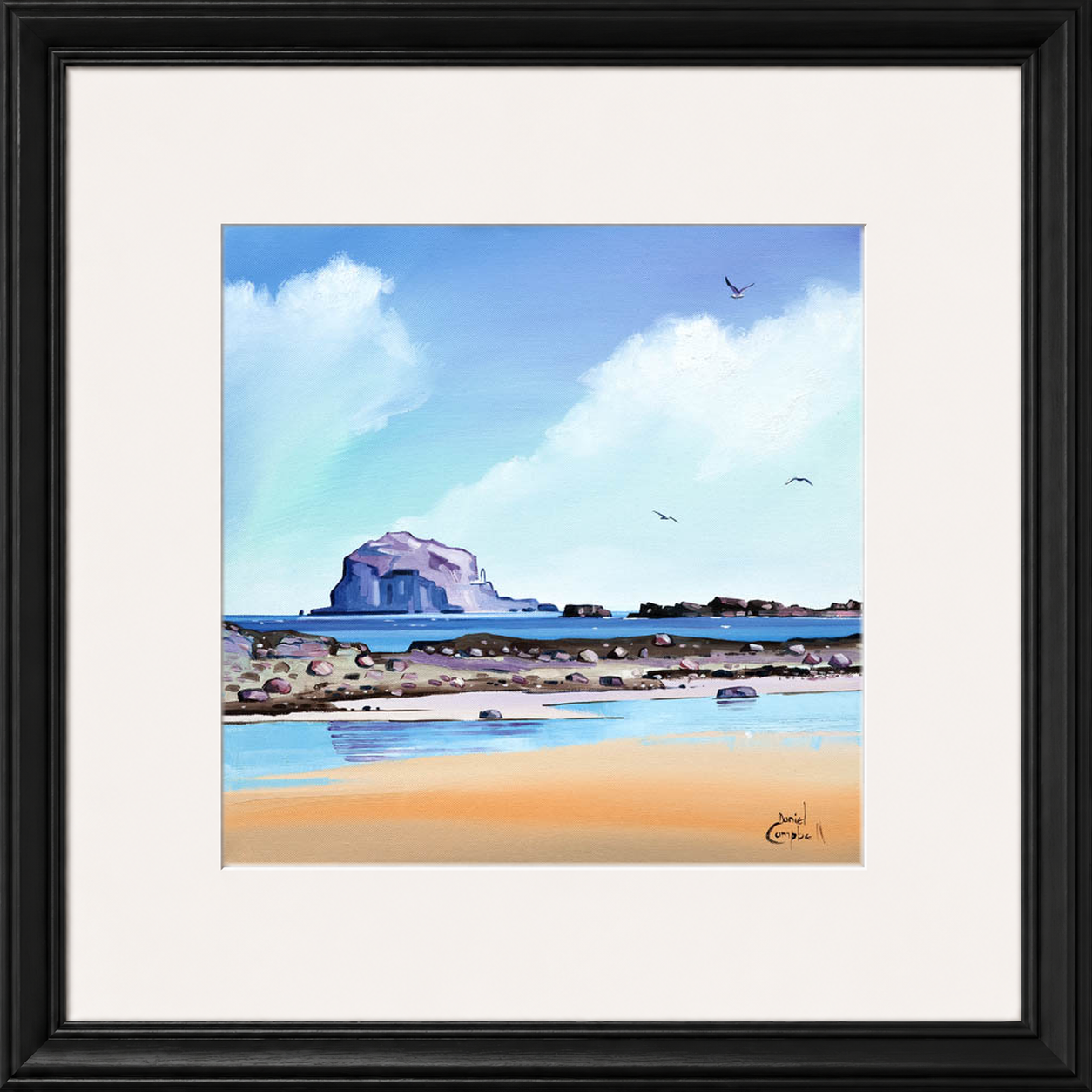 Low Tide Bass by Daniel Campbell framed wall art print showing a low-tide shoreline with Bass Rock visible beyond the water