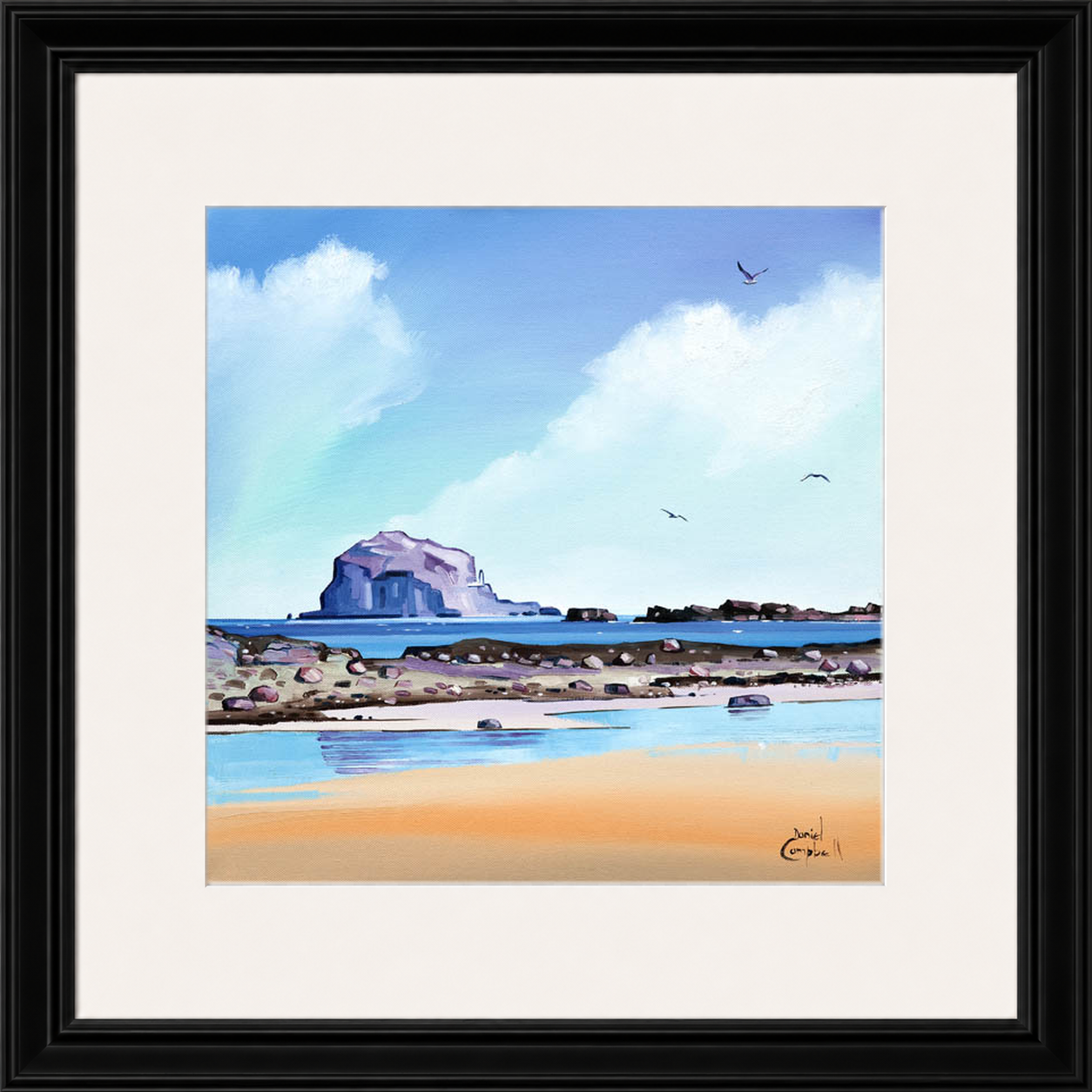 Low Tide Bass by Daniel Campbell framed wall art print showing a low-tide shoreline with Bass Rock visible beyond the water