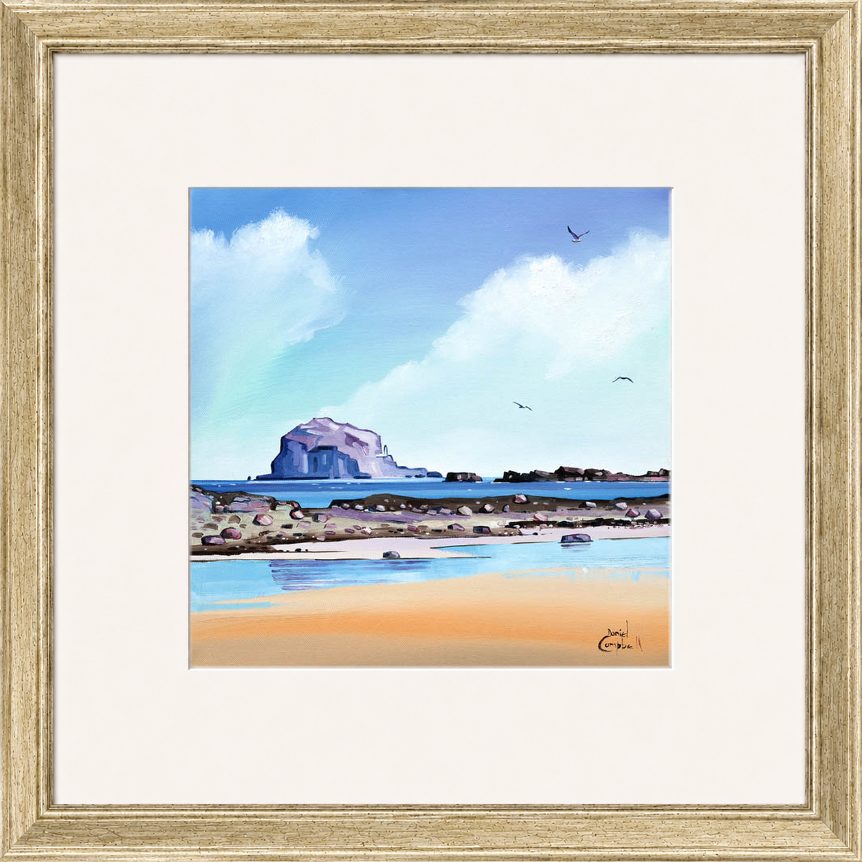 Low Tide Bass by Daniel Campbell framed wall art print showing a low-tide shoreline with Bass Rock visible beyond the water