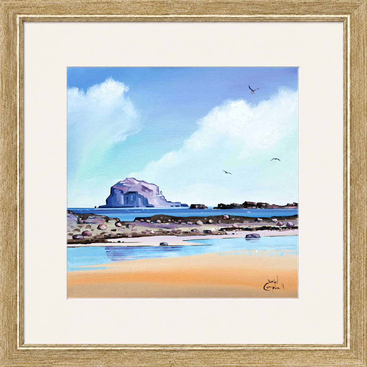 Low Tide Bass by Daniel Campbell framed wall art print showing a low-tide shoreline with Bass Rock visible beyond the water