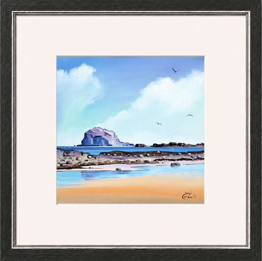 Low Tide Bass by Daniel Campbell framed wall art print showing a low-tide shoreline with Bass Rock visible beyond the water