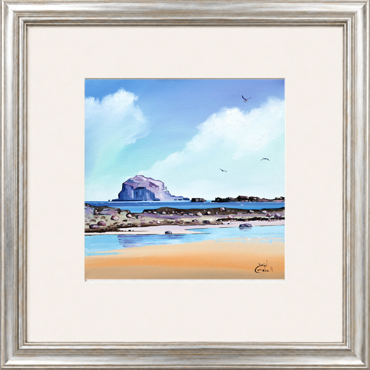 Low Tide Bass by Daniel Campbell framed wall art print showing a low-tide shoreline with Bass Rock visible beyond the water