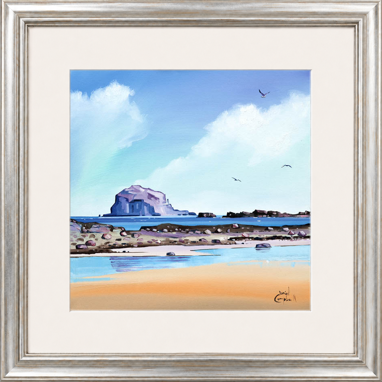 Low Tide Bass by Daniel Campbell framed wall art print showing a low-tide shoreline with Bass Rock visible beyond the water