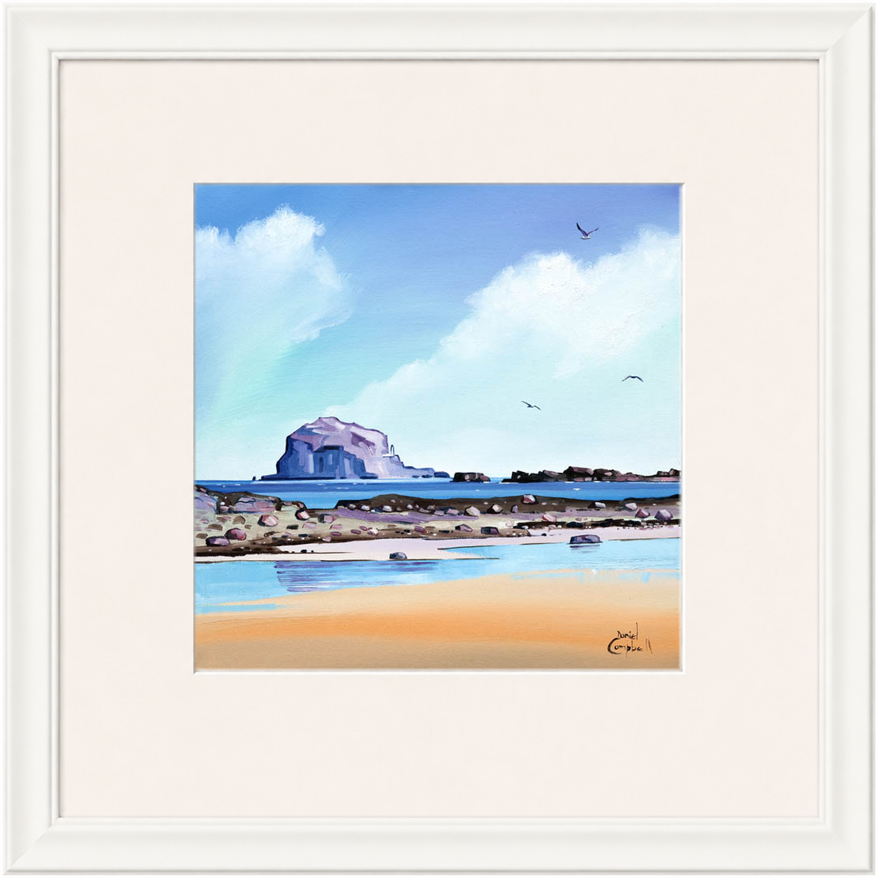 Low Tide Bass by Daniel Campbell framed wall art print showing a low-tide shoreline with Bass Rock visible beyond the water