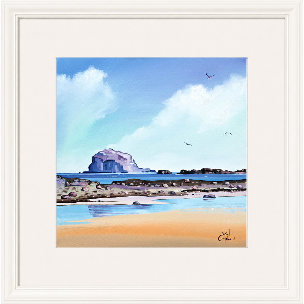 Low Tide Bass by Daniel Campbell framed wall art print showing a low-tide shoreline with Bass Rock visible beyond the water