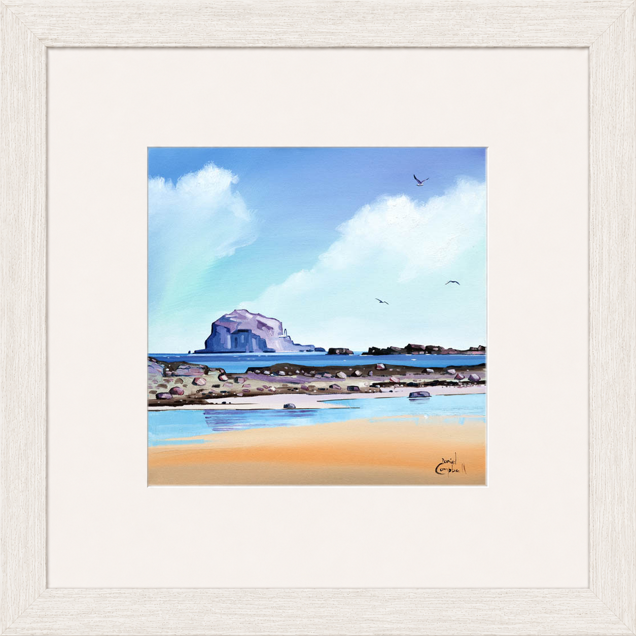 Low Tide Bass by Daniel Campbell framed wall art print showing a low-tide shoreline with Bass Rock visible beyond the water
