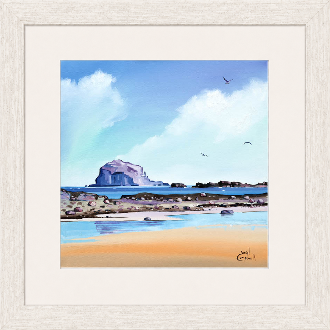 Low Tide Bass by Daniel Campbell framed wall art print showing a low-tide shoreline with Bass Rock visible beyond the water