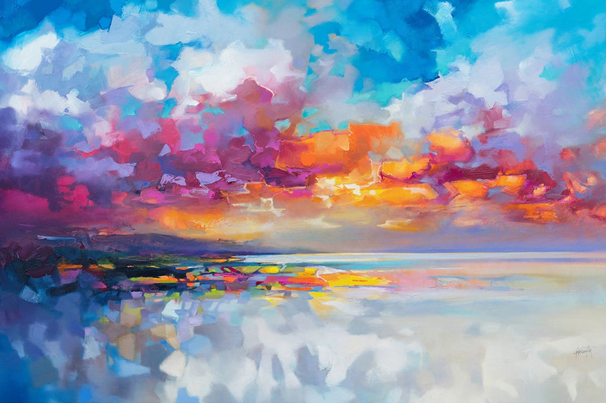 Colorful abstract painting of a sunset over water