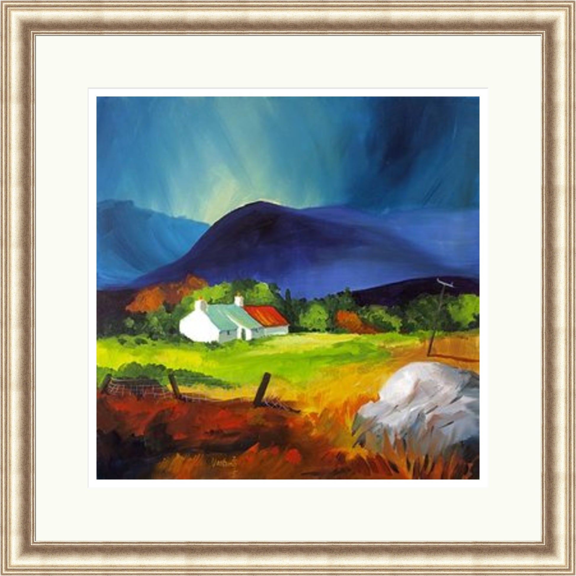 Break in the Storm by Ann Vastano framed wall art print showing a white Highland cottage, green fields and a dramatic dark blue sky