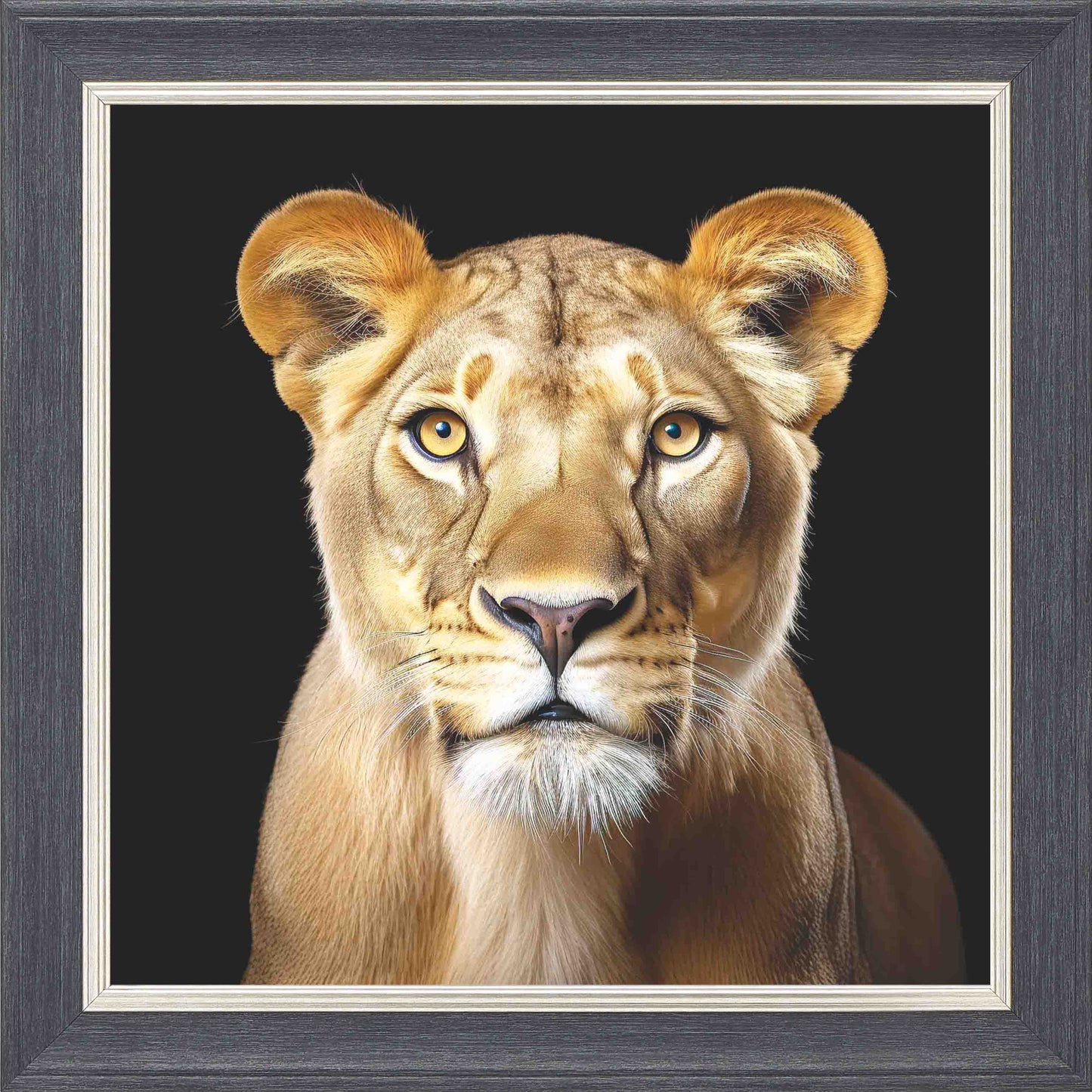 Majestic Lioness No Crown Framed Wall Art - Grey with Silver Trim