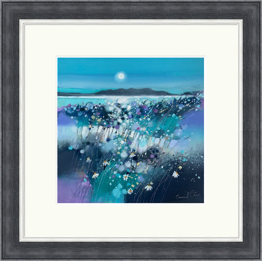 Moonlight And Arran by Emma S. Davis framed wall art print showing the Arran coastline beneath a moonlit sky, balancing island scenery with cool evening light