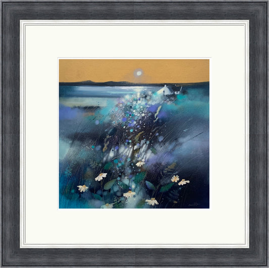 Moonlight And Gigha by Emma S. Davis framed wall art print showing the island of Gigha beneath a cool moonlit sky, with the coastline softened by evening light