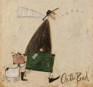 Illustration of a person with a suitcase and dog on a textured beige background, featuring the text 'On the Road'.