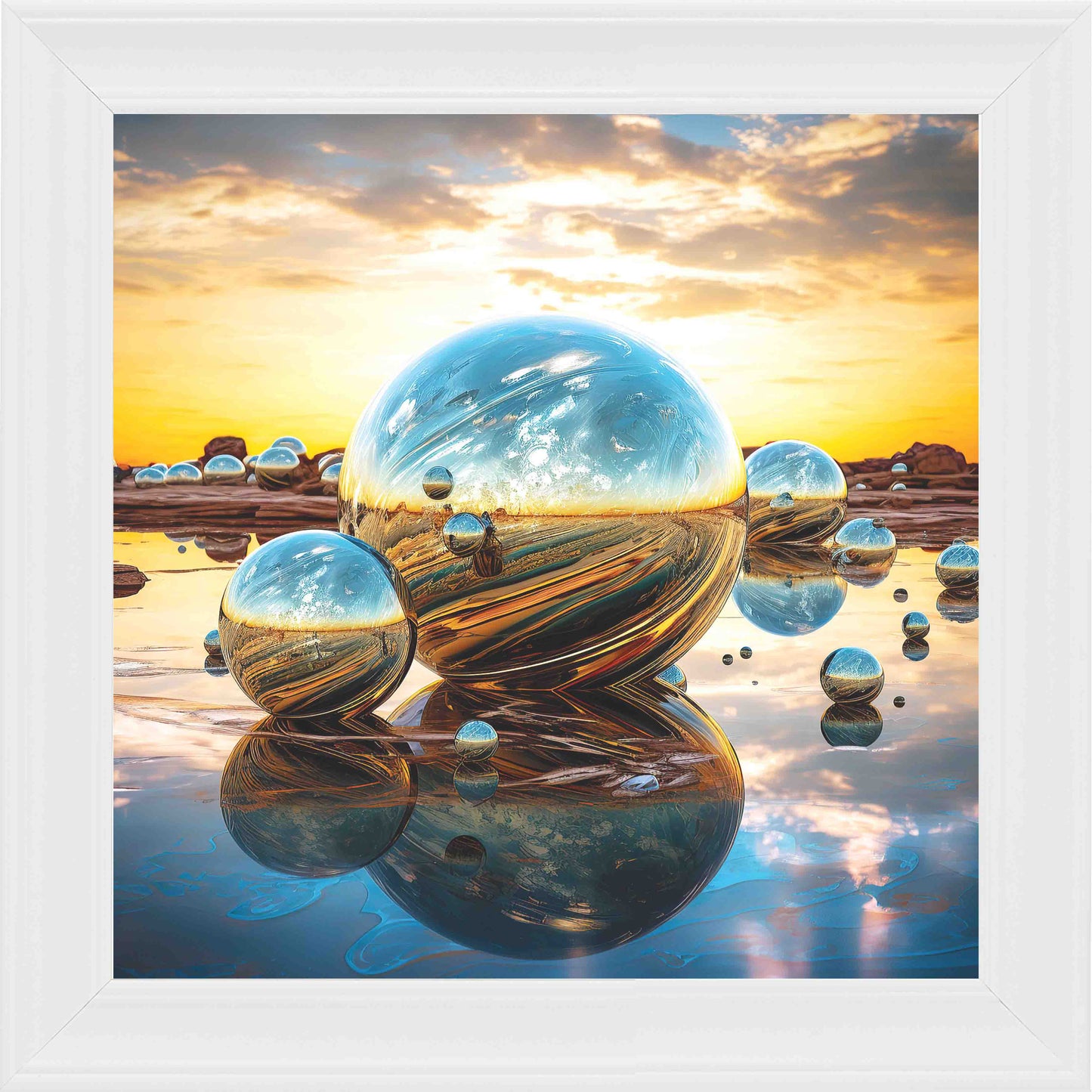 Orb Sunset Blue and Gold Framed Wall Art - White