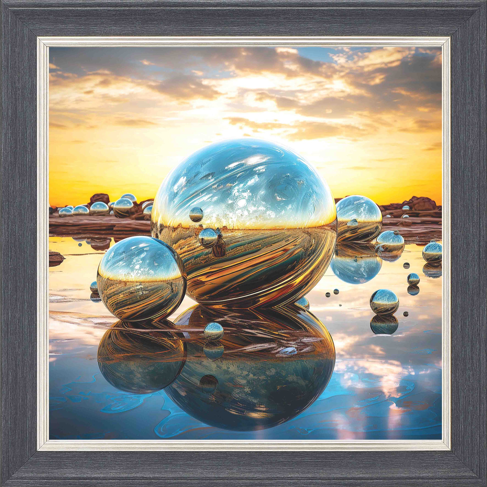 Orb Sunset Blue and Gold Framed Wall Art - Grey with Silver Trim
