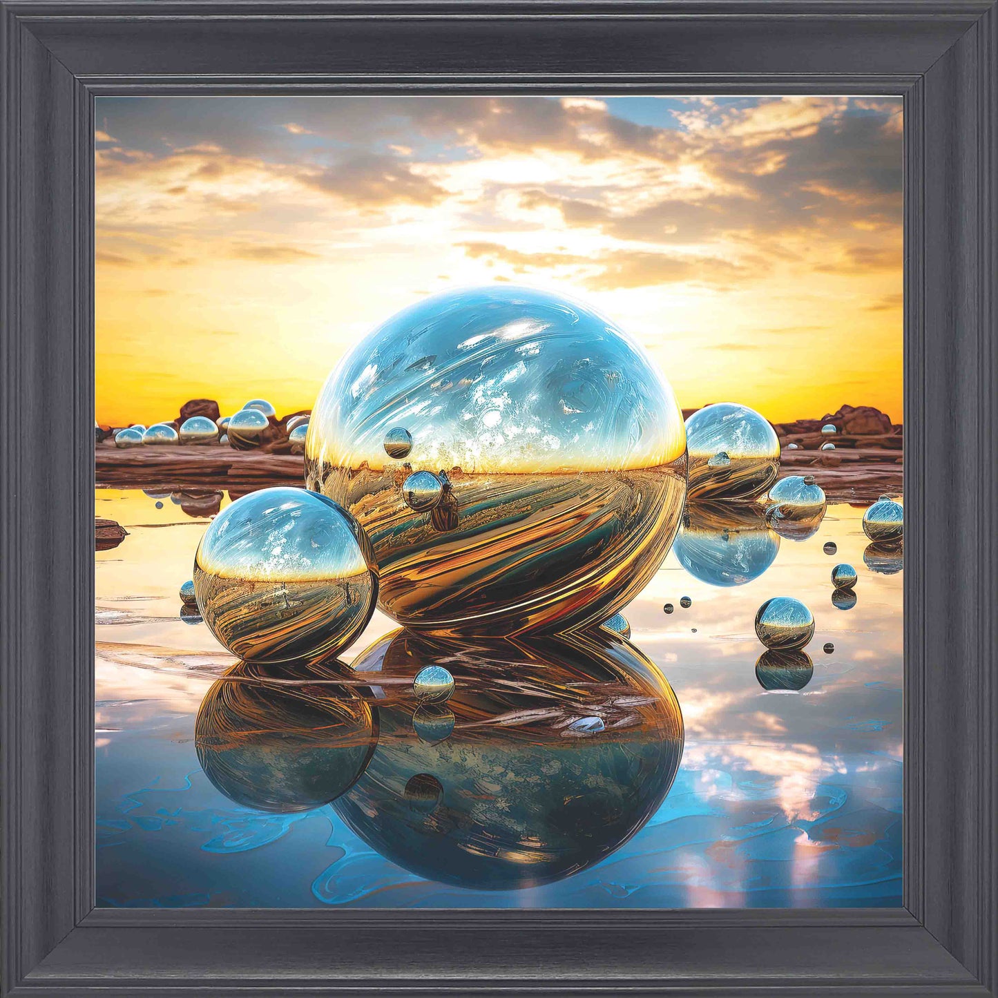Orb Sunset Blue and Gold Framed Wall Art - Black