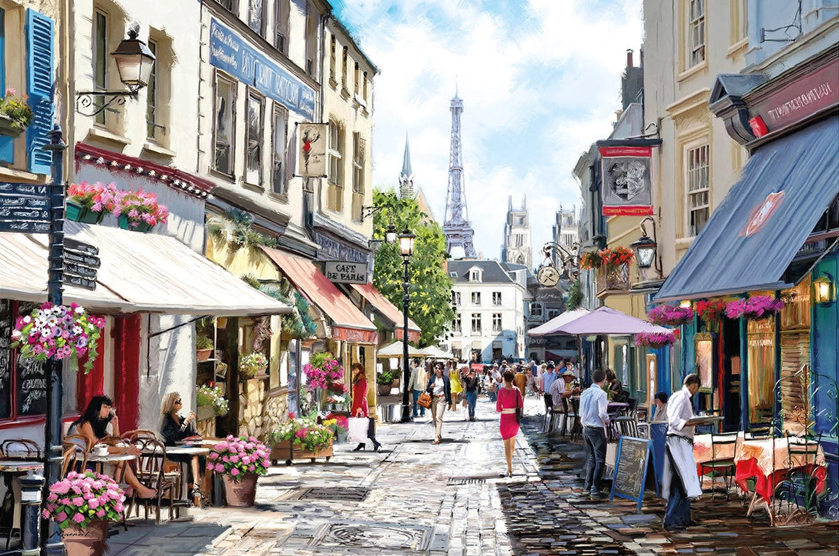 Street scene in a European city with people, shops, and the Eiffel Tower in the background.