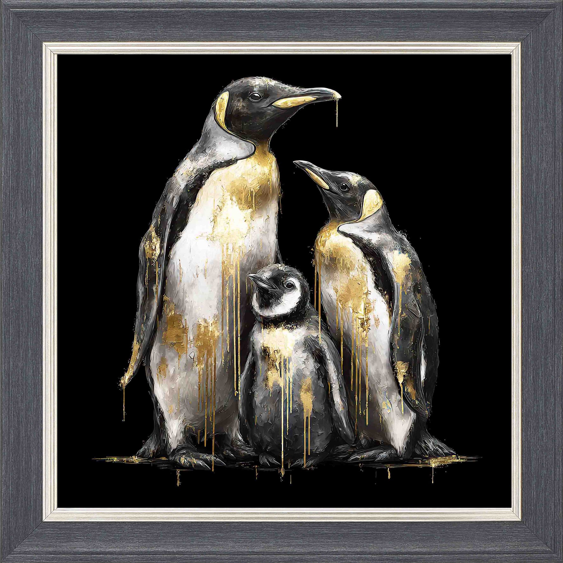 Penguins Gold Framed Wall Art - Grey with Silver Trim