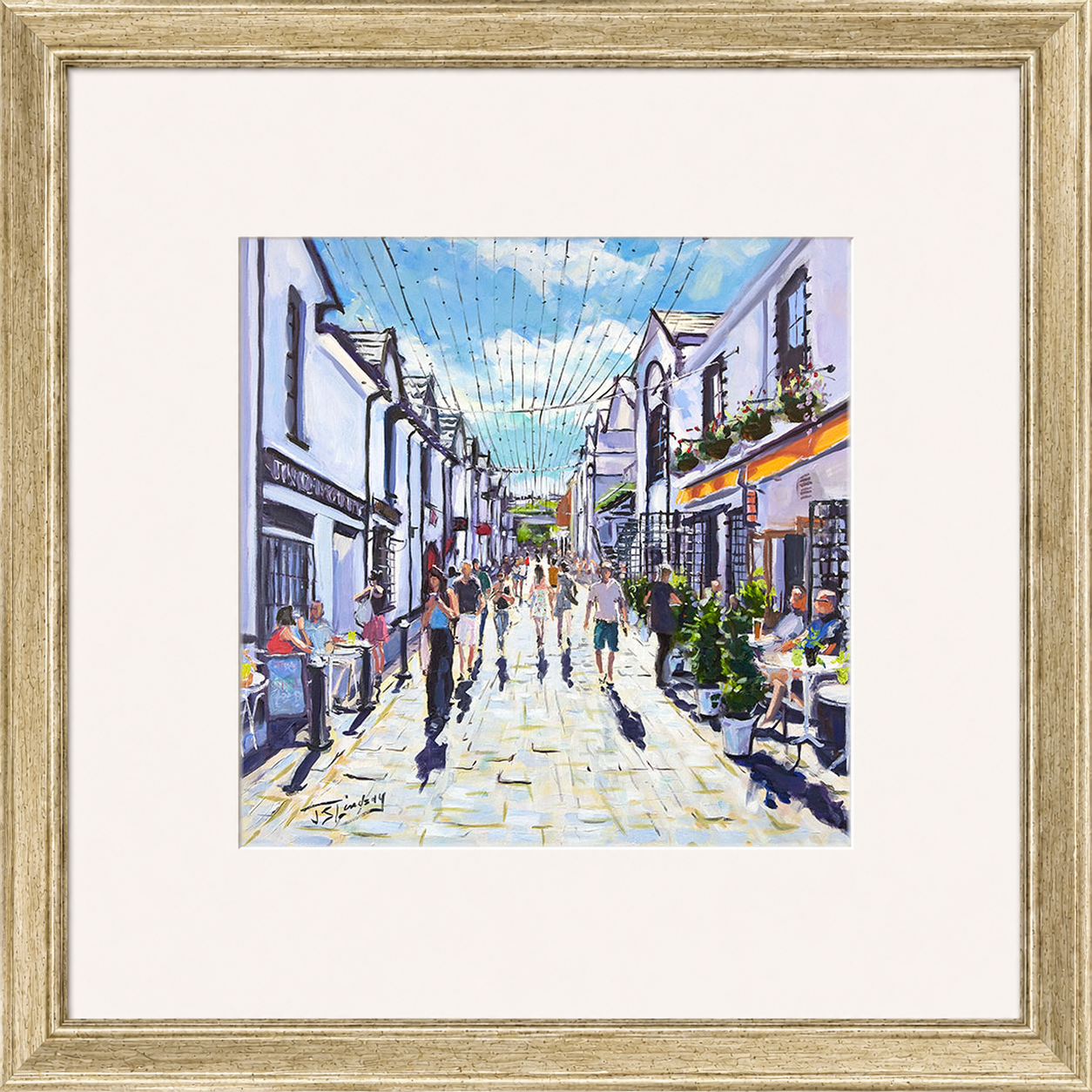 People Watching, Ashton Lane Glasgow by James Somerville Lindsay framed wall art print depicting a relaxed people-watching scene in Ashton Lane in Glasgow