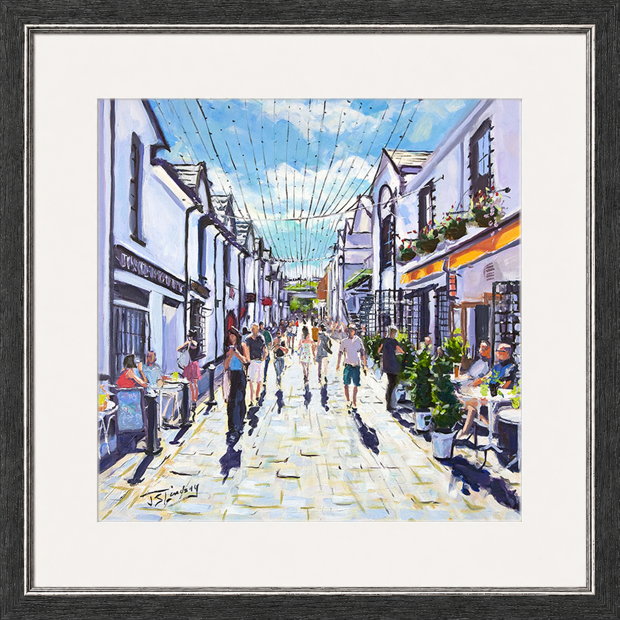 People Watching, Ashton Lane Glasgow by James Somerville Lindsay framed wall art print depicting a relaxed people-watching scene in Ashton Lane in Glasgow