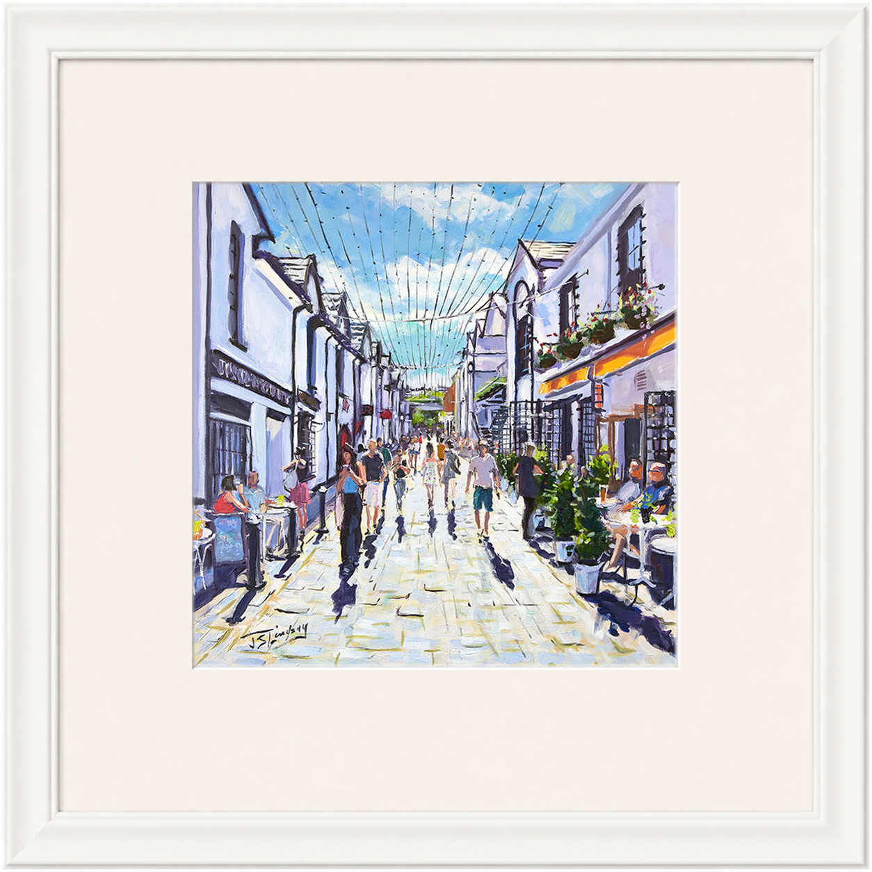 People Watching, Ashton Lane Glasgow by James Somerville Lindsay framed wall art print depicting a relaxed people-watching scene in Ashton Lane in Glasgow