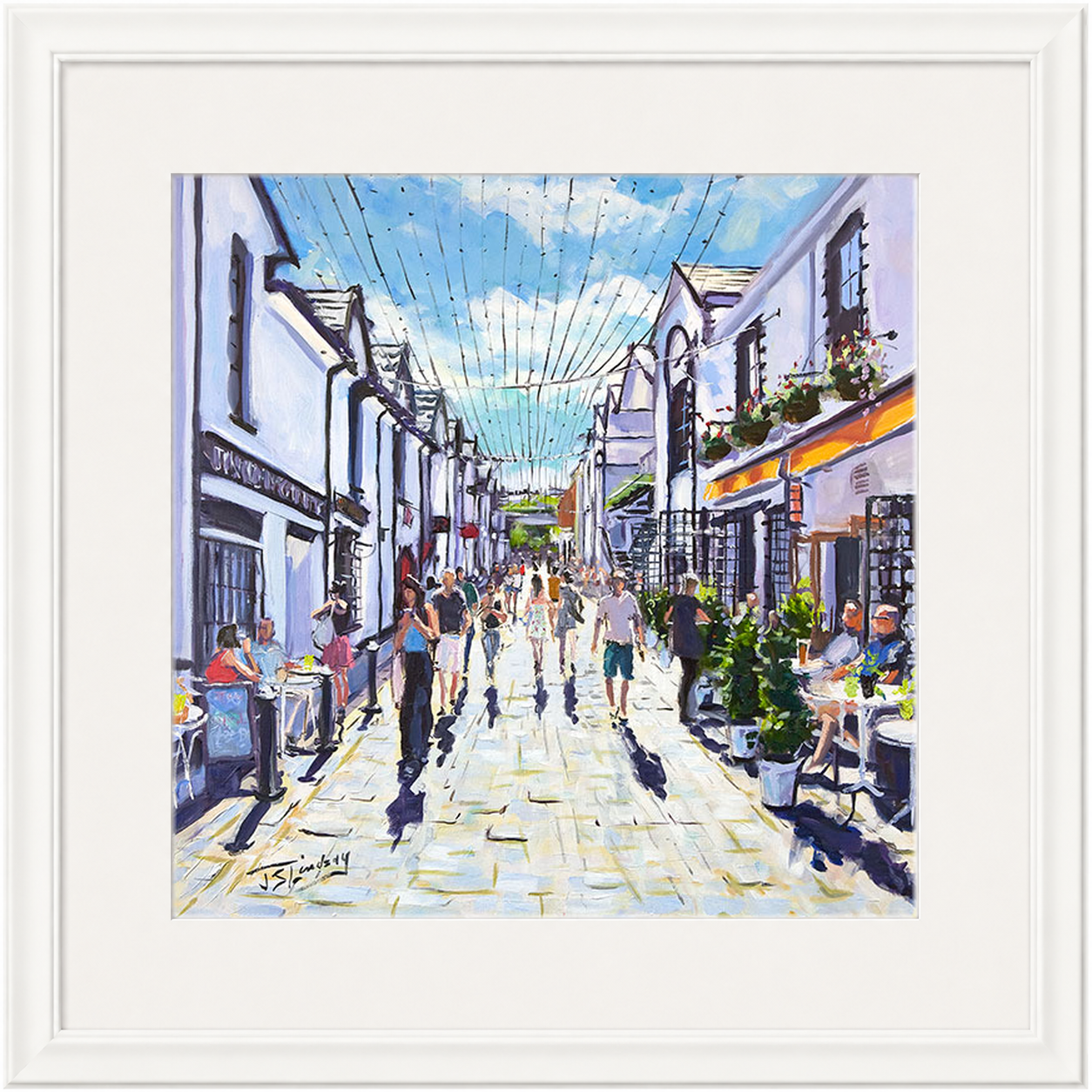 People Watching, Ashton Lane Glasgow by James Somerville Lindsay framed wall art print depicting a relaxed people-watching scene in Ashton Lane in Glasgow