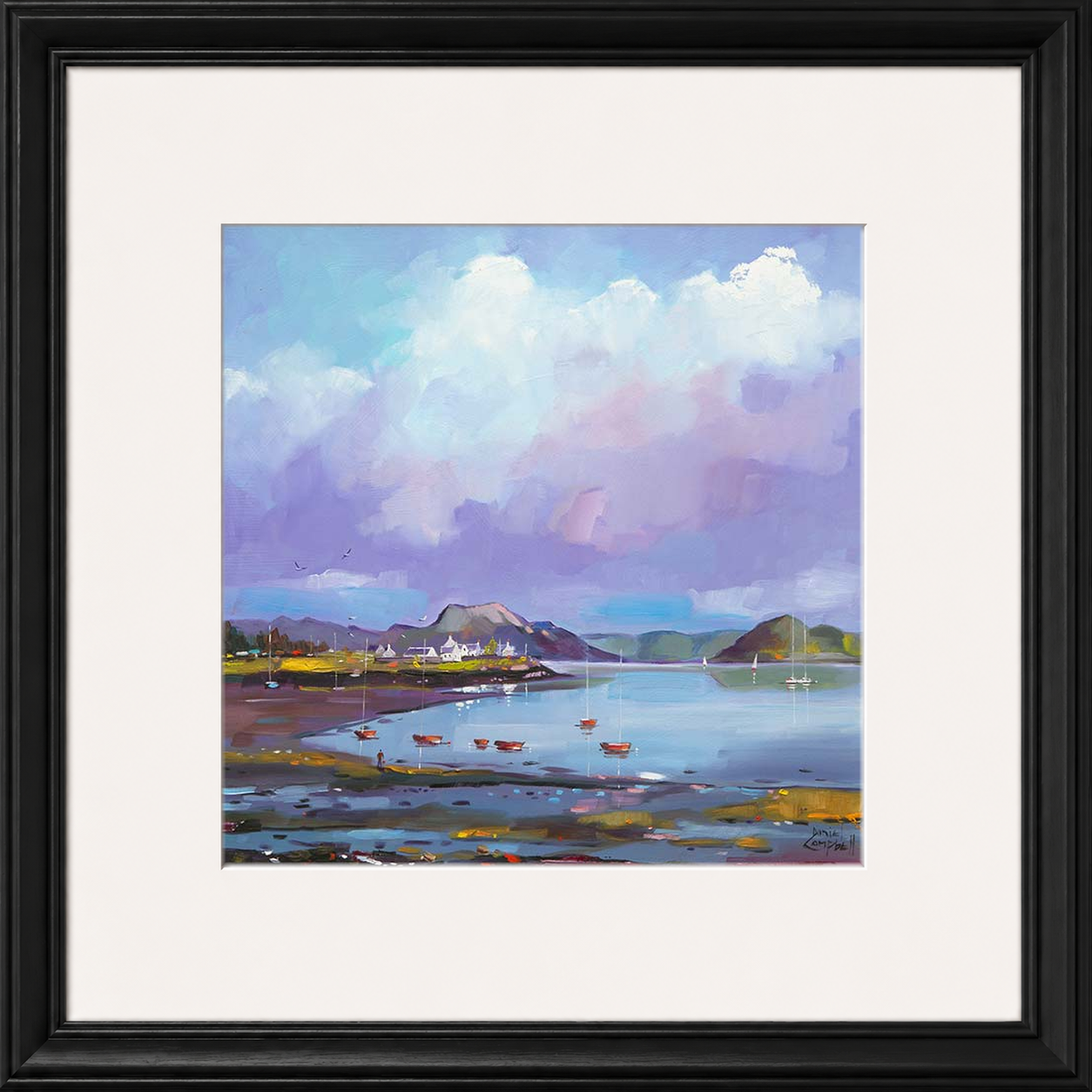 Plockton Bay by Daniel Campbell framed wall art print showing Plockton Bay with calm reflective water and soft mauve coastal tones